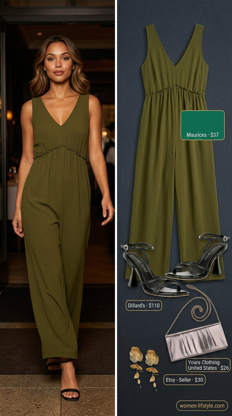Chic summer date night outfit 2026: Emerald green wide-leg jumpsuit, black strappy heels, gold earrings.