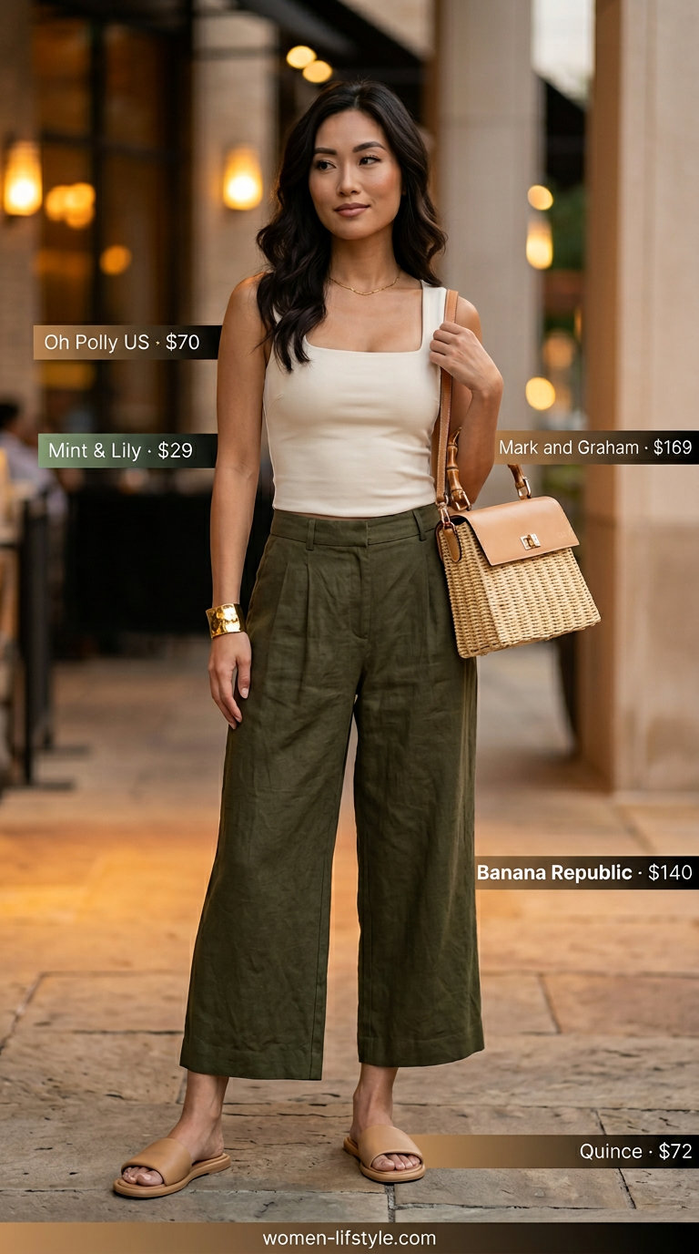 Chic summer date night outfit 2026: Olive linen pants, cream crop top, tan sandals, straw bag, gold bracelet.