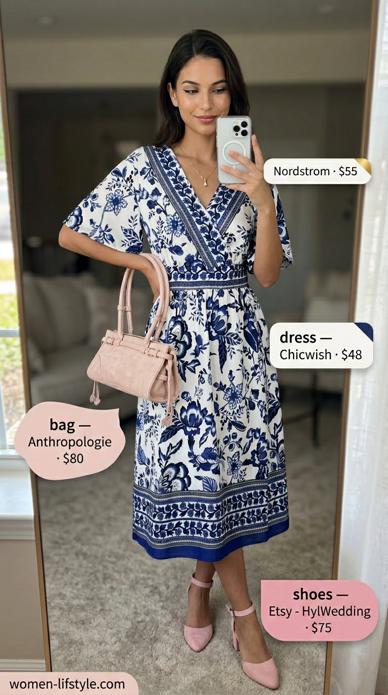 Chic summer date night outfit 2026: Navy floral wrap dress, blush pumps, structured shoulder bag, gold necklace.
