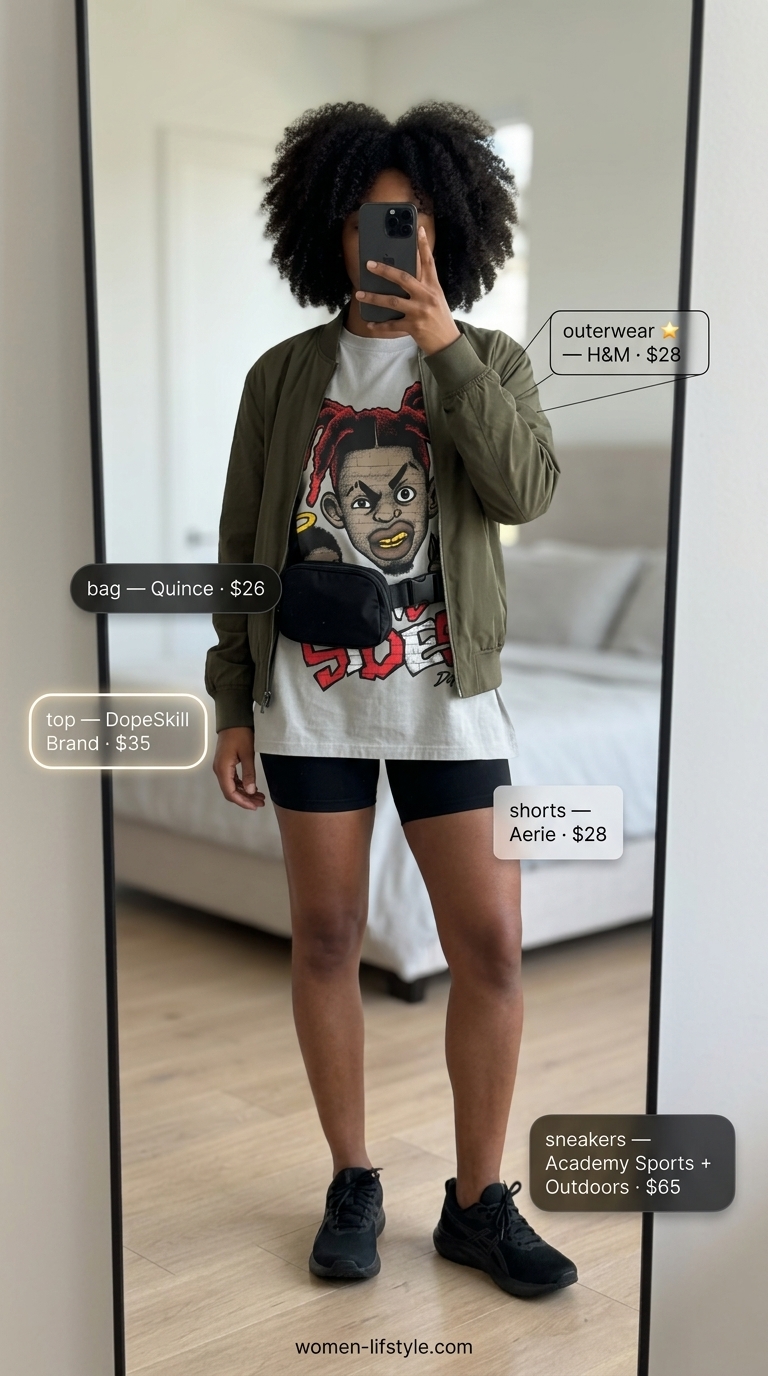 Chic summer outfits with sneakers 2026: Olive bomber jacket, biker shorts, graphic tee, and athletic sneakers.