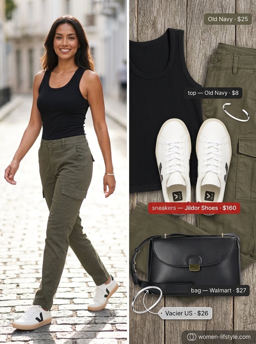 Chic summer outfits with sneakers 2026: Olive cargo pants, black tank, and sleek white sneakers. Modern athleisure style.