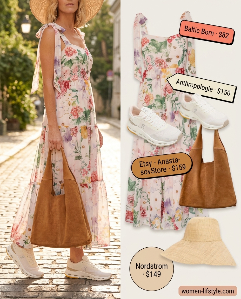 Chic summer outfits with sneakers 2026: Multicolor floral maxi dress and straw hat. Bohemian festival style with sneakers.
