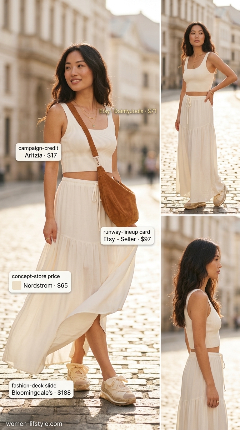 Chic summer outfits with sneakers 2026: Boho cream tiered maxi skirt, white knit top, and espadrille sneakers. Perfect for festivals.