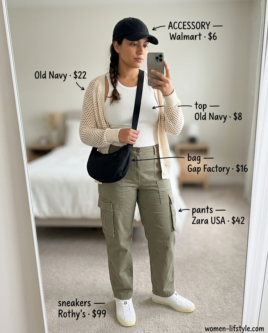 Chic summer outfits with sneakers 2026: Khaki cargo pants, cream knit sweater, white tank, black crossbody, white sneakers, baseball cap.