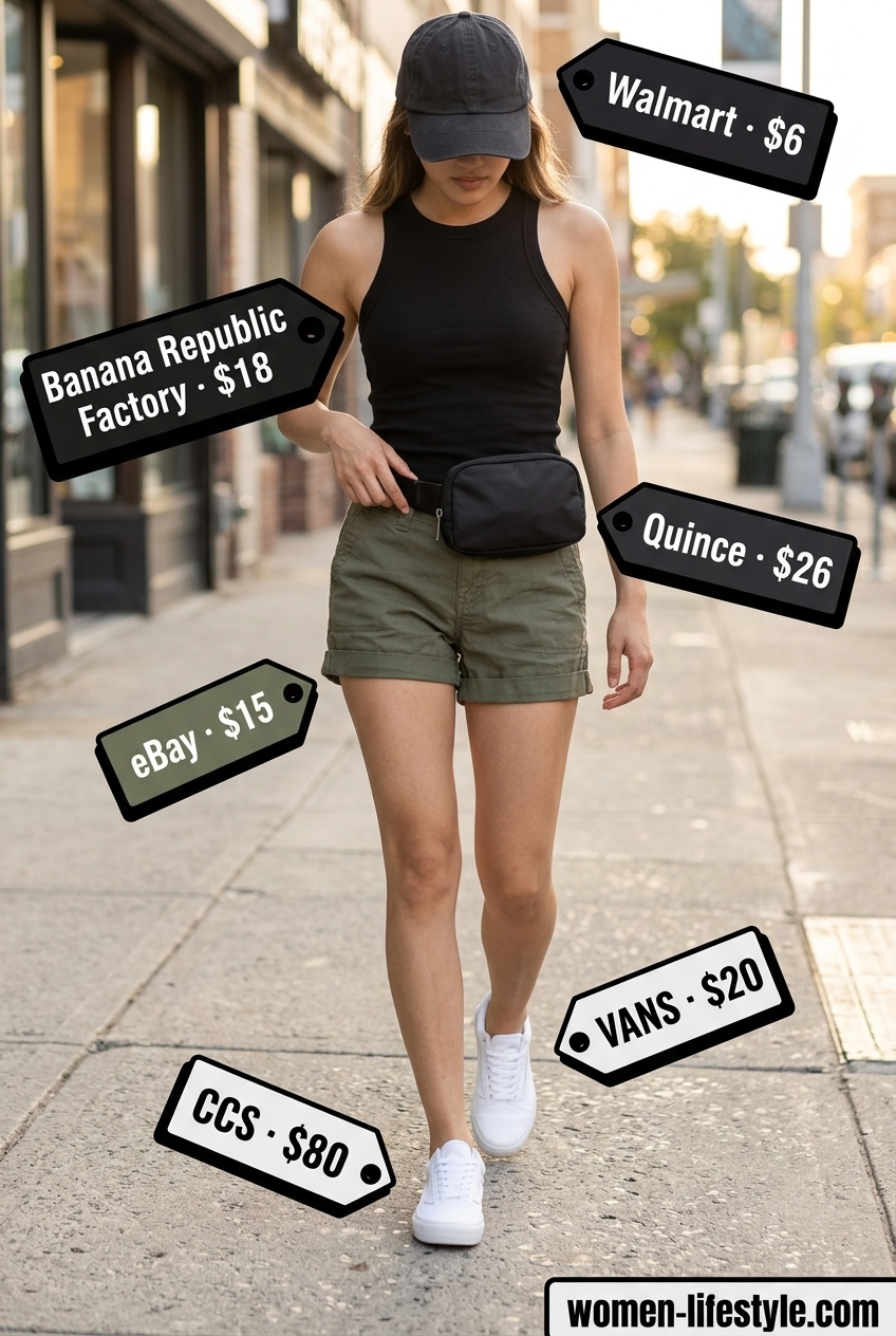 Chic summer outfits with sneakers 2026: Olive green cargo shorts, black tank, and white sneakers for city exploration.
