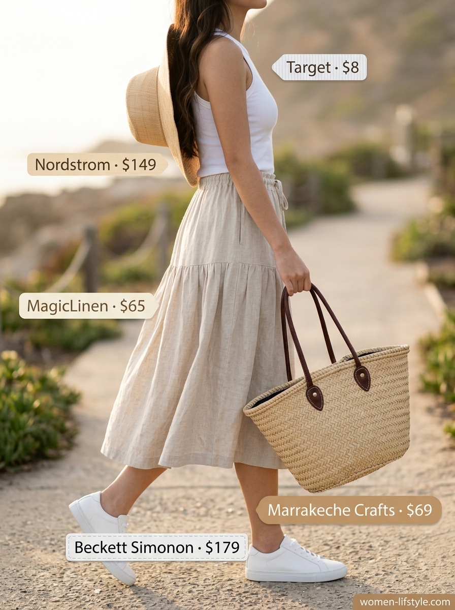 Chic summer outfits with sneakers 2026: Cream linen midi skirt, white ribbed tank, and minimalist sneakers. Coastal vacation style.