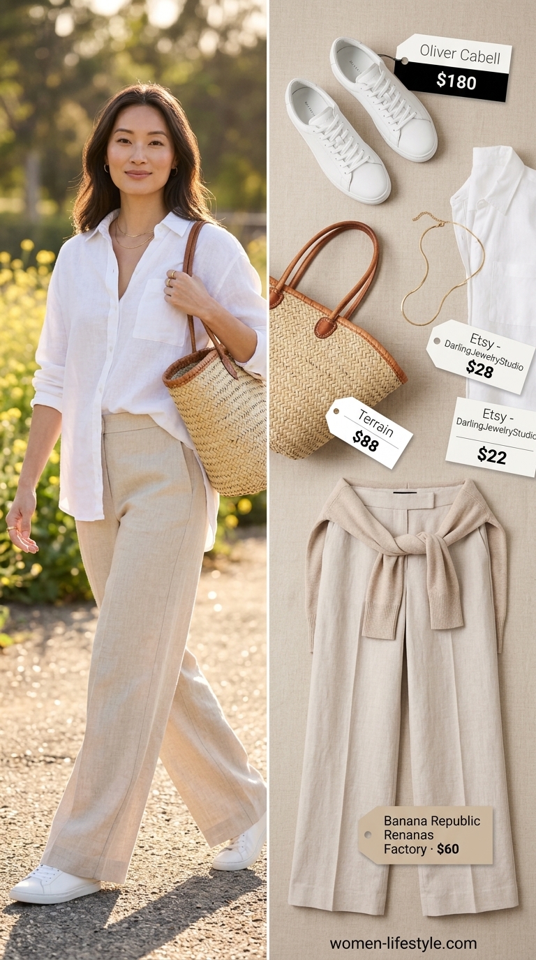 Chic summer outfits with sneakers 2026: Beige linen pants, white linen shirt, and leather sneakers. Effortless coastal style.