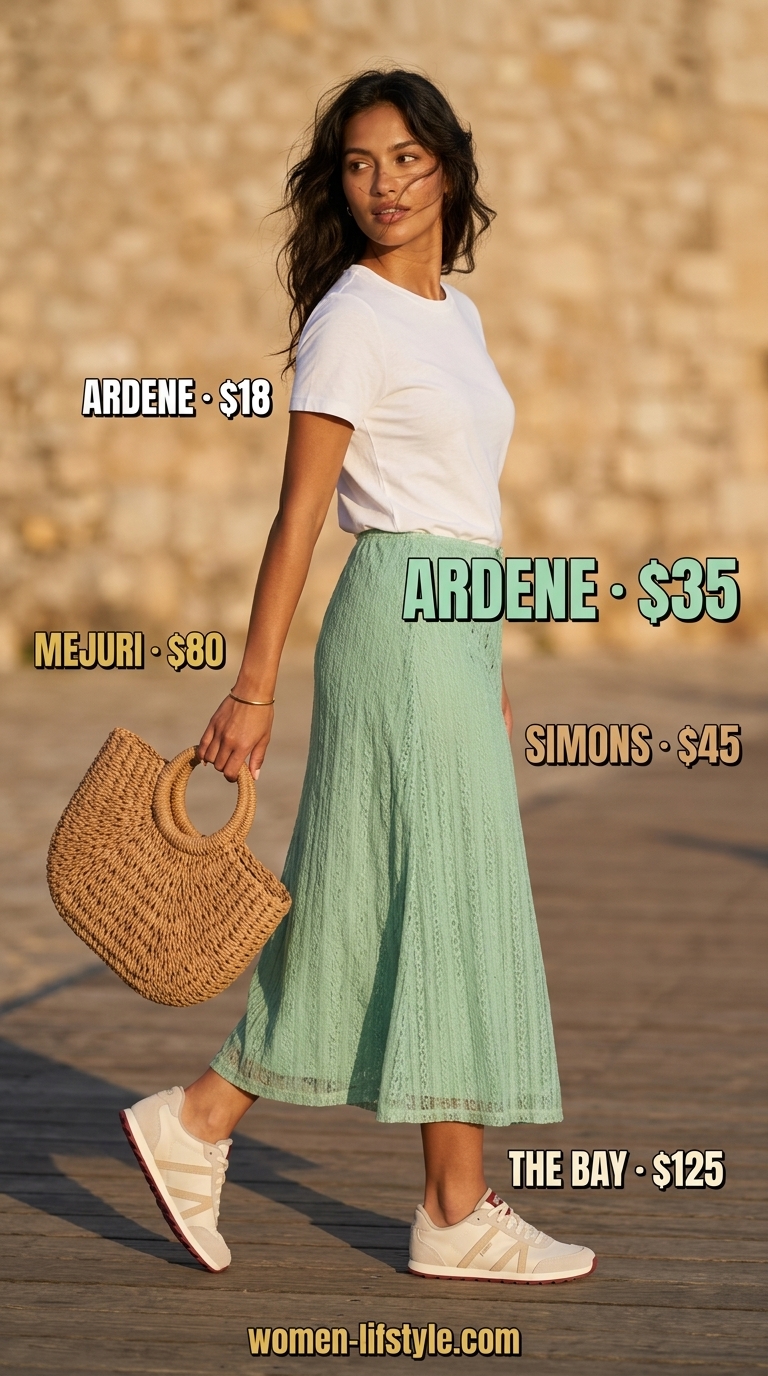 Chic summer outfits with sneakers 2026: Mint green midi skirt, white t-shirt, and sneakers. Feminine beach day style.