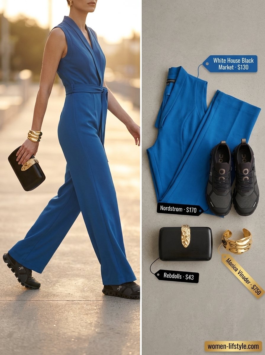 Chic summer outfits with sneakers 2026: Cobalt blue wide-leg jumpsuit with sneakers for evening drinks.