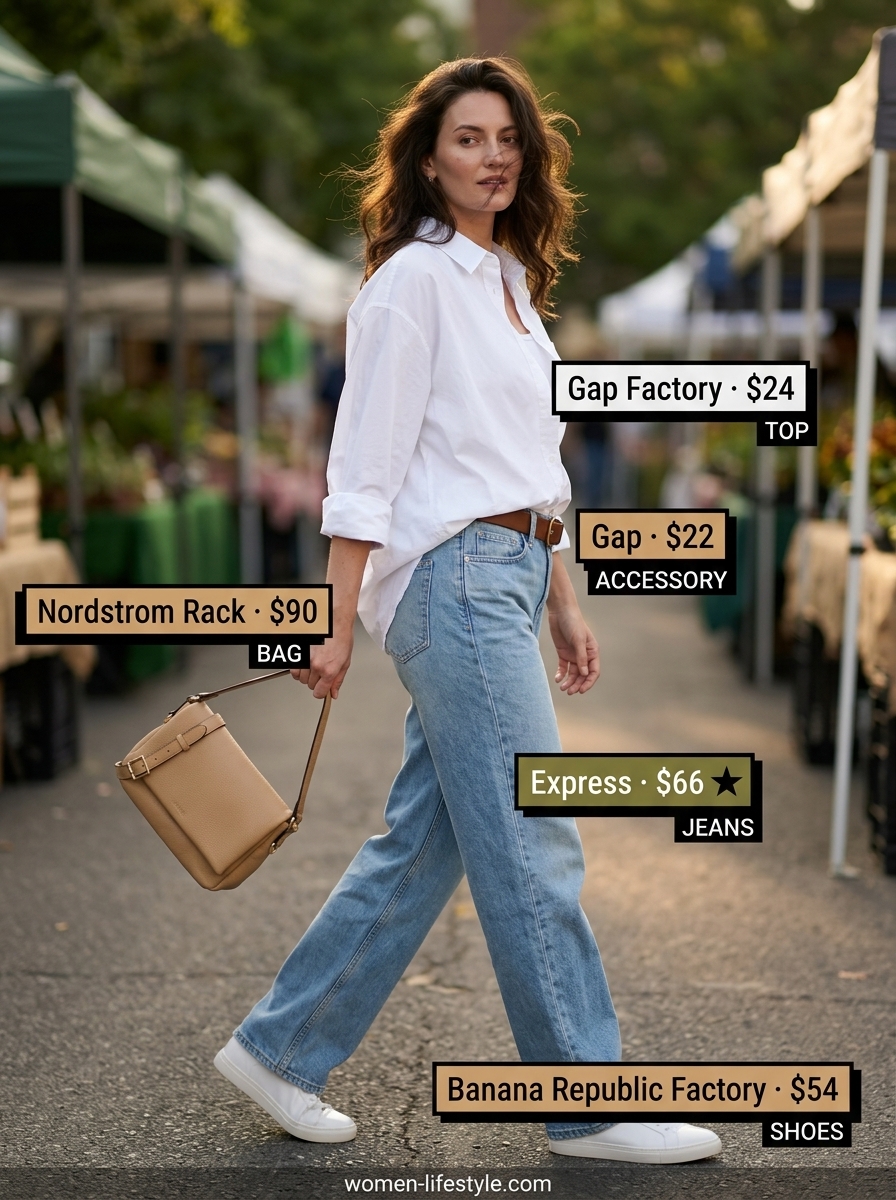 Chic summer outfits with sneakers 2026: Casual denim jeans, white button-down, and white sneakers for a weekend look.