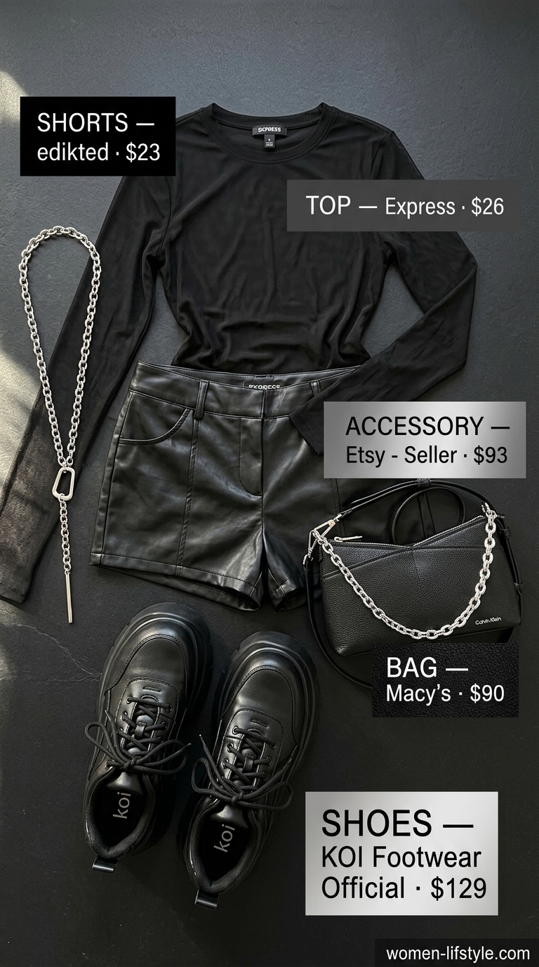 Chic summer outfits with sneakers 2026: Black faux leather shorts, sheer mesh top, chunky platform sneakers, silver necklace, black crossbody.