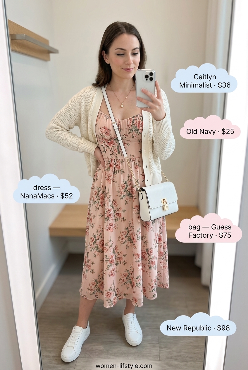 Chic summer outfits with sneakers 2026: Blush pink floral midi dress, denim jacket, and white sneakers for a garden party.