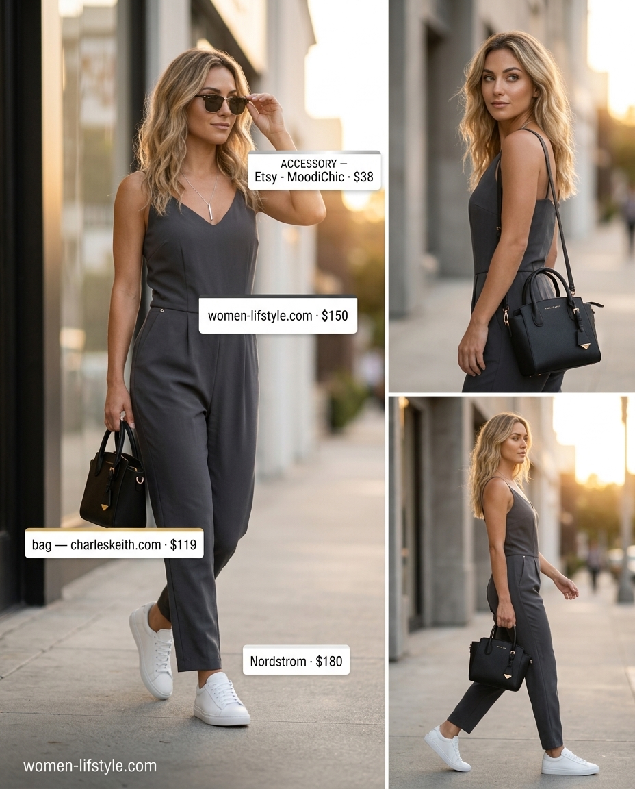 Chic summer outfits with sneakers 2026: Charcoal grey wide-leg jumpsuit, black bag, silver necklace, and white fashion sneakers.