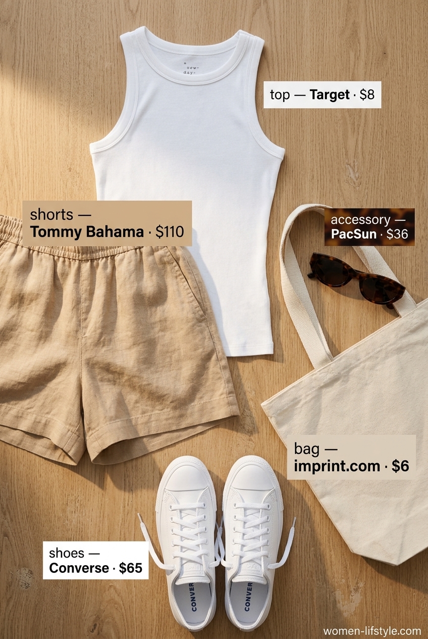 Chic summer outfits with sneakers 2026: Natural linen shorts, white tank, tote bag, sunglasses, and white sneakers for a relaxed look.