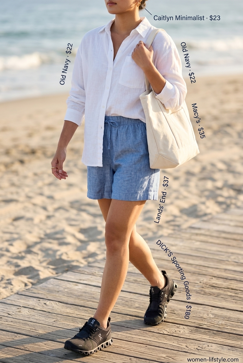 Chic summer outfits with sneakers 2026: Light blue linen shorts, oversized white shirt, and sneakers for a beach day.