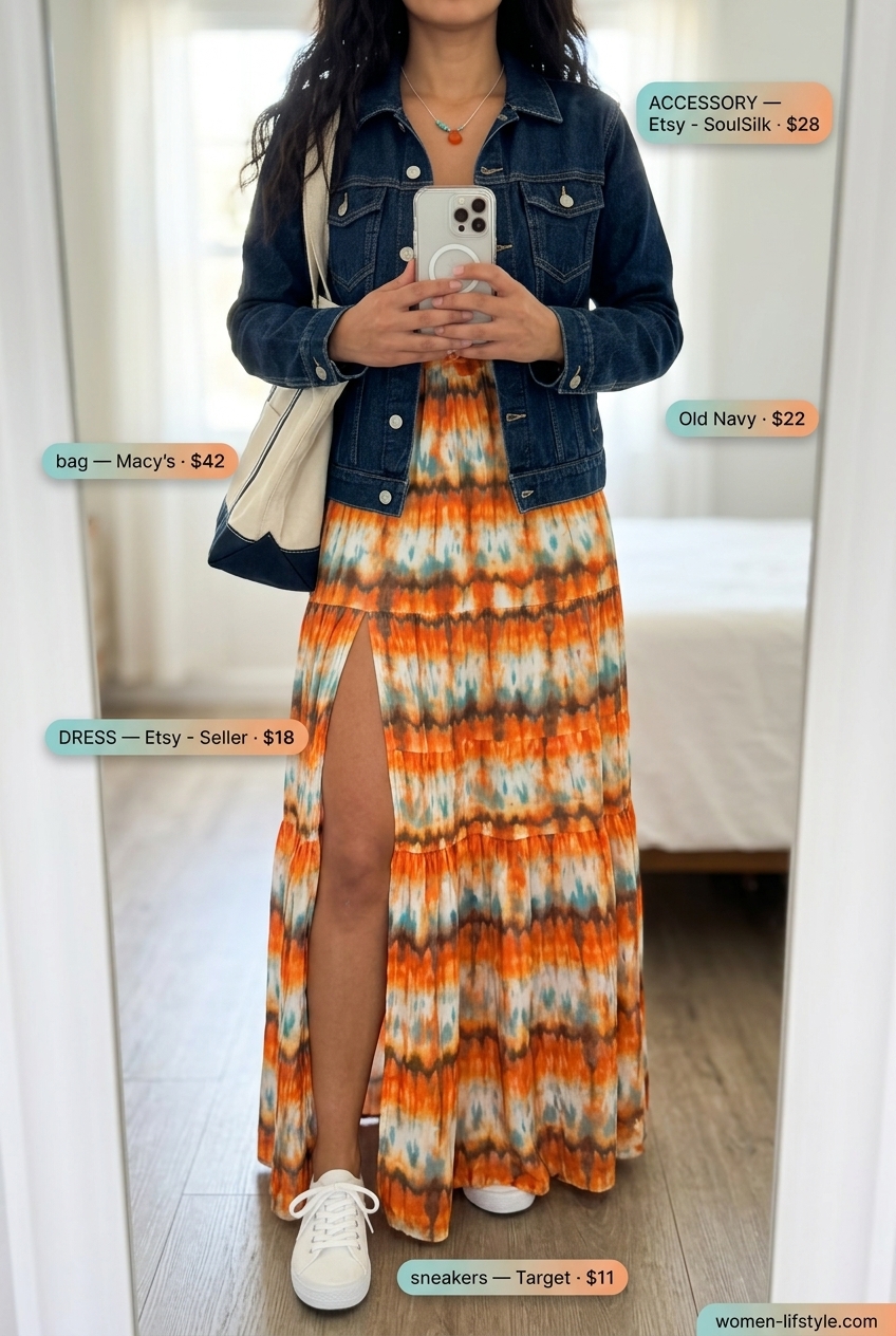 Chic summer outfits with sneakers 2026: Teal abstract maxi dress, denim jacket, and white sneakers for a weekend outing.