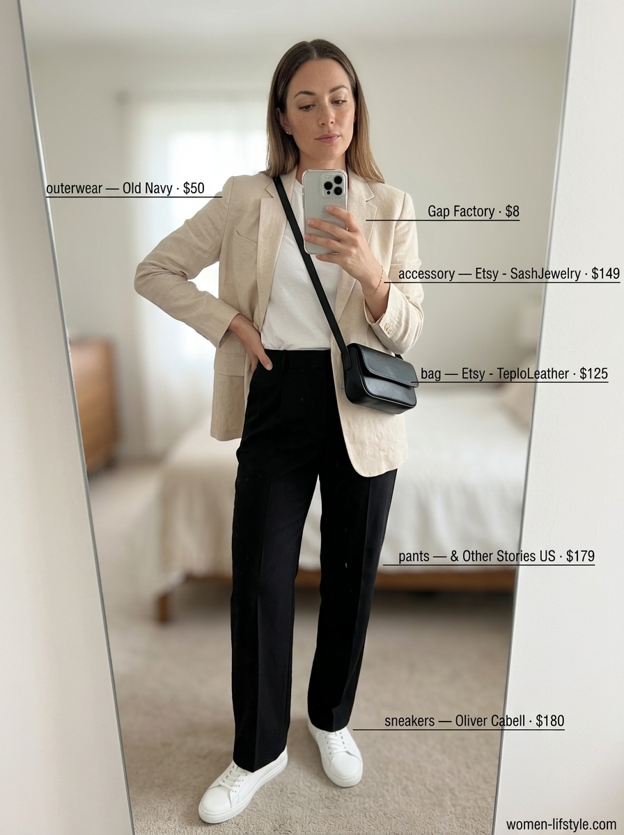 Chic summer outfits with sneakers 2026: Beige blazer, black trousers, white tee, and white sneakers for smart casual.