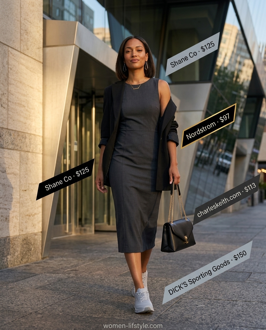 Chic summer outfits with sneakers 2026: Charcoal sheath dress, black shoulder bag, and silver earrings. Modern minimalist style.