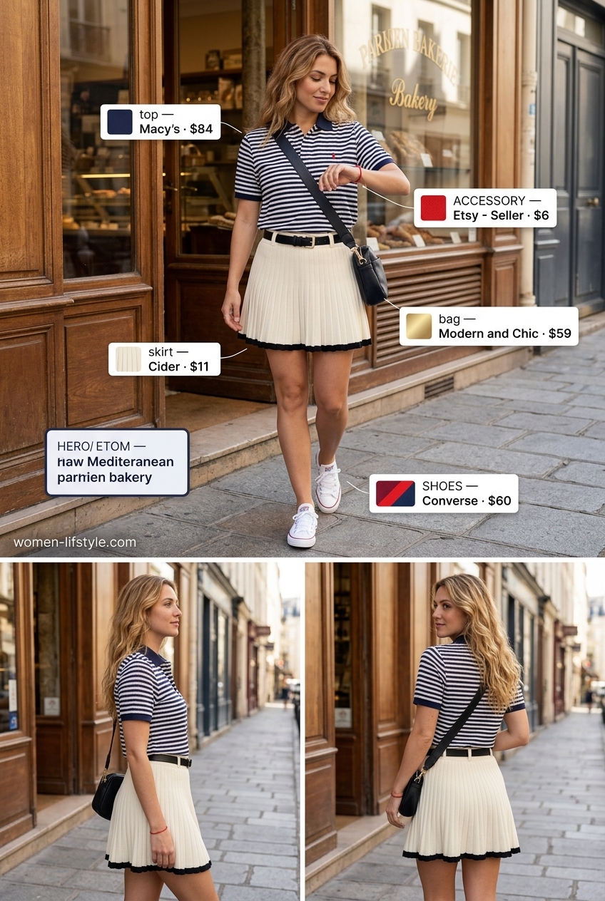 Chic summer outfits with sneakers 2026: White A-line mini skirt, striped polo shirt, navy crossbody, red bracelet, and white canvas sneakers.