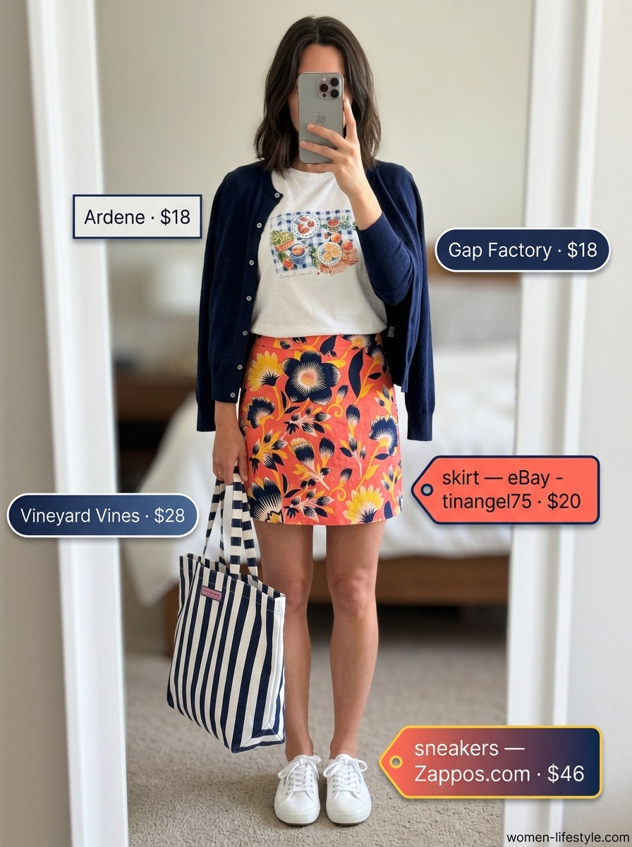 Chic summer outfits with sneakers 2026: Coral navy print mini skirt, graphic tee, navy cardigan, striped tote, and white canvas sneakers.