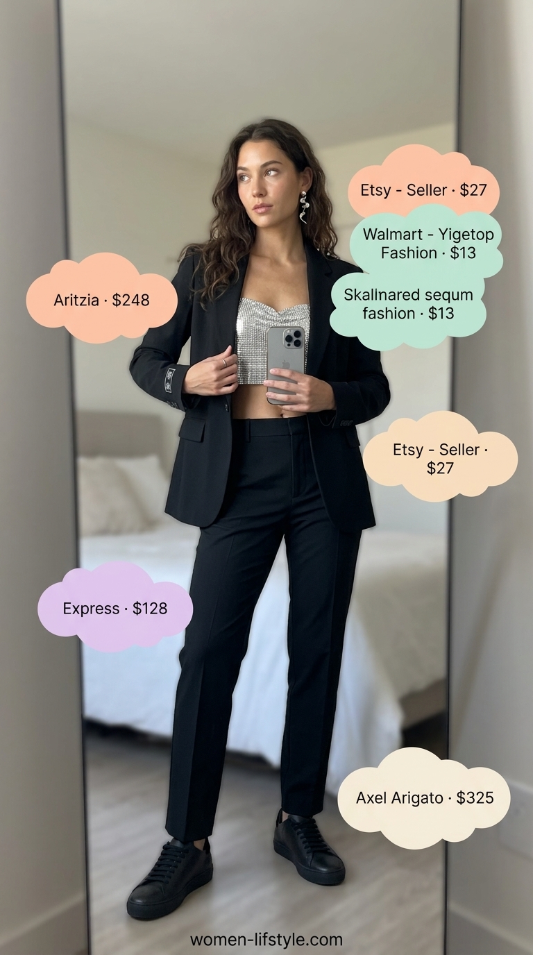 Chic summer outfits with sneakers 2026: Edgy black sequin top, trousers, blazer, and sleek sneakers for a night out.