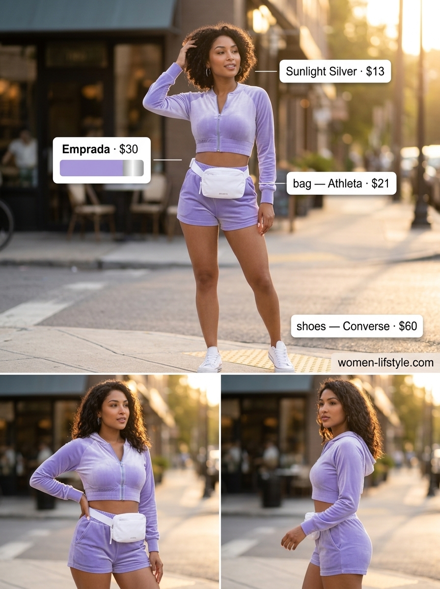 Chic summer outfits with sneakers 2026: Lilac French Terry set, white belt bag, and silver hoops. Perfect for casual outings.