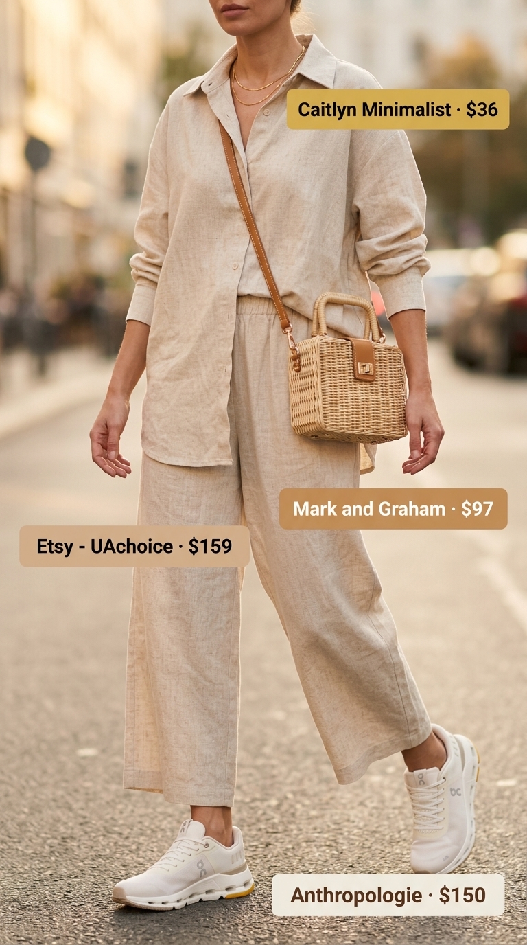 Chic summer outfits with sneakers 2026: Beige linen set with cropped shirt and wide-leg pants, paired with sneakers and straw bag.