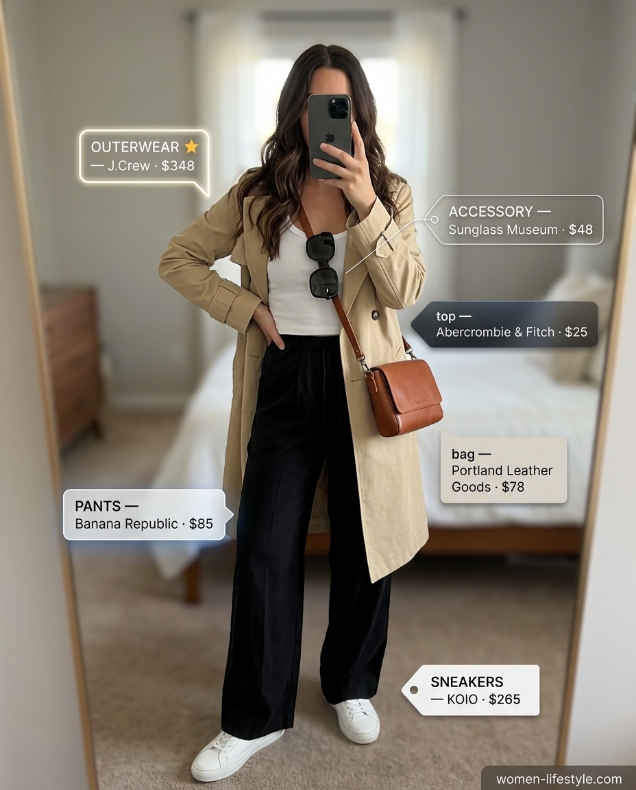 Chic summer outfits with sneakers 2026: Beige trench coat, black wide-leg trousers, white tank, tan crossbody, black sunglasses, white sneakers.