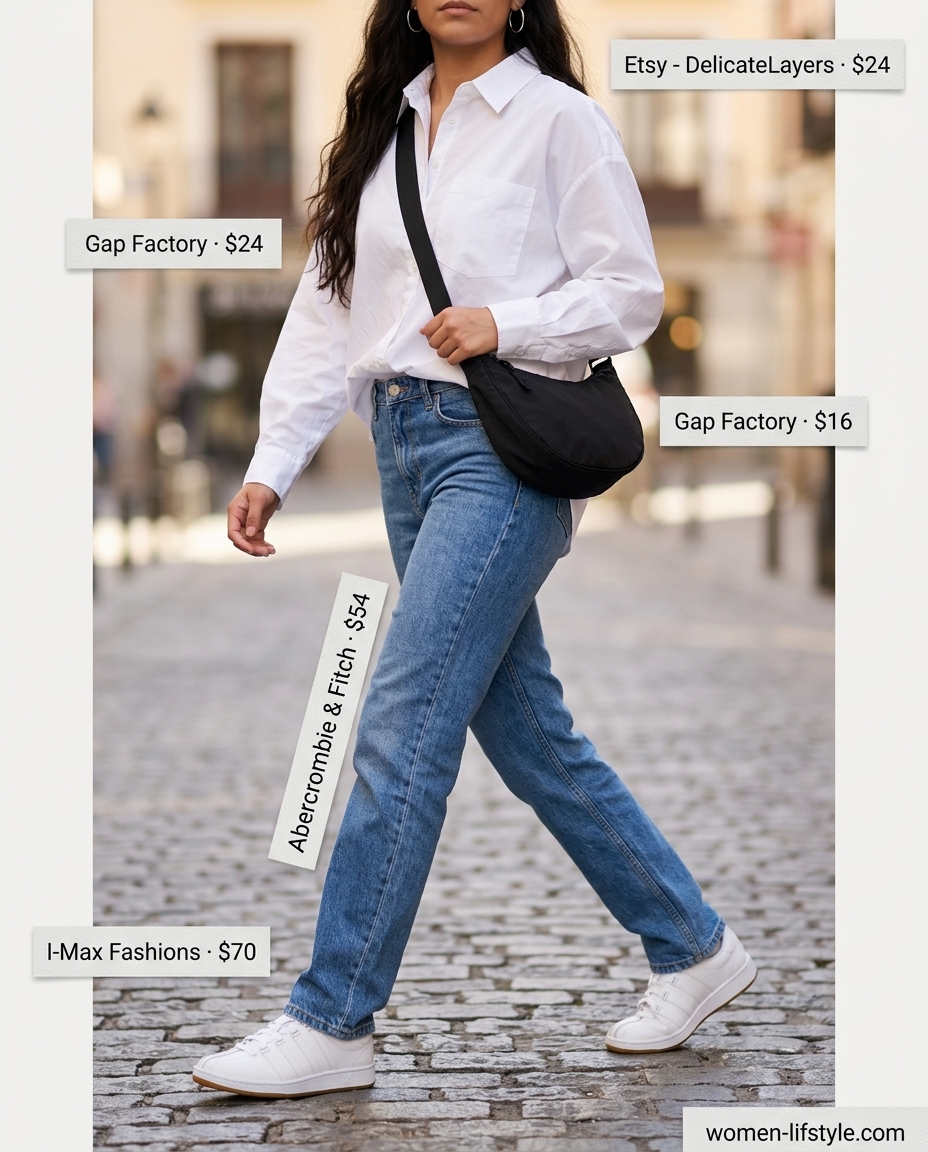 Chic summer outfits with sneakers 2026: Medium wash jeans, oversized white shirt, silver hoops, and white sneakers for urban exploration.