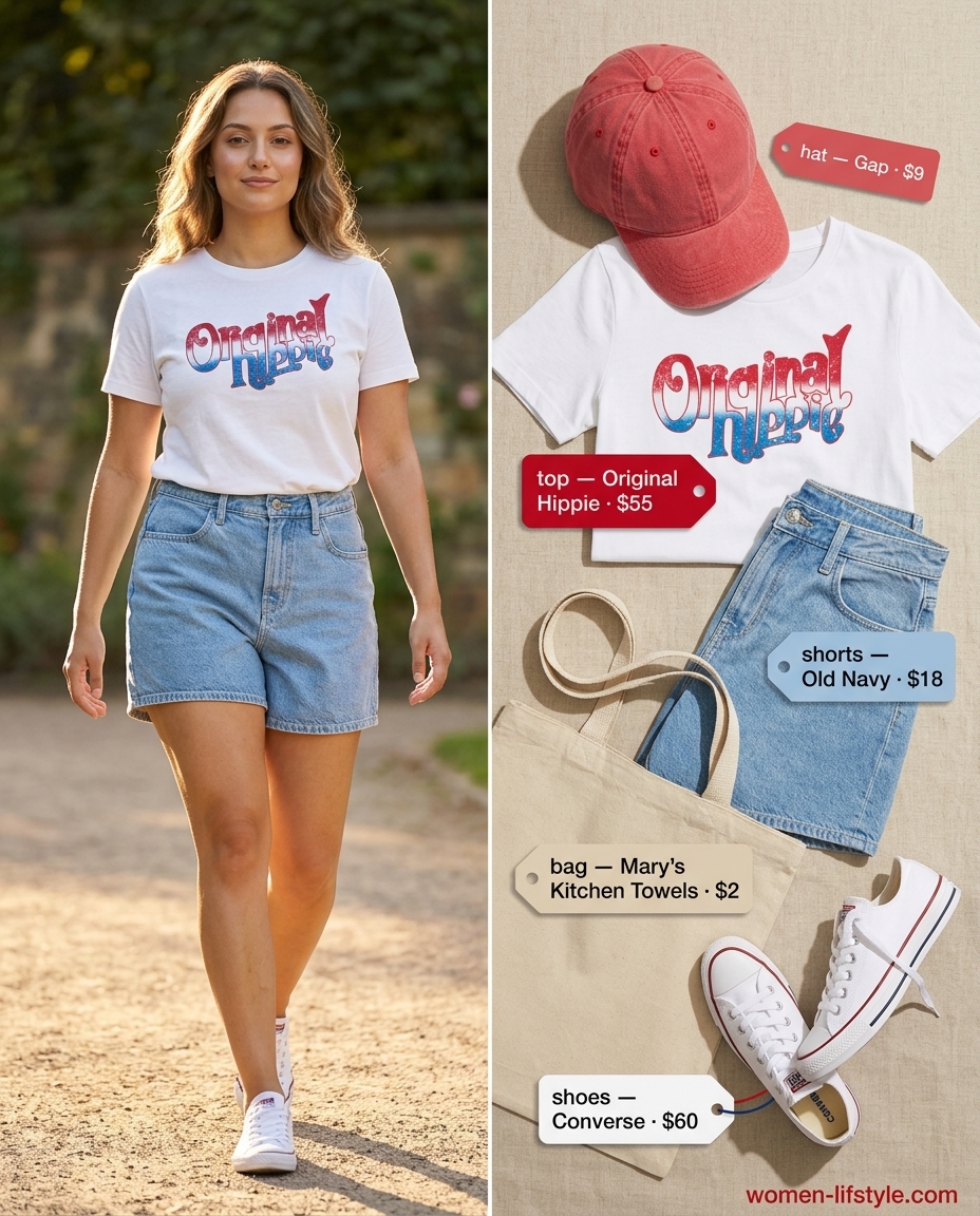 Chic summer outfits with sneakers 2026: Denim shorts, graphic tee, and canvas sneakers. Casual weekend style with a red cap.