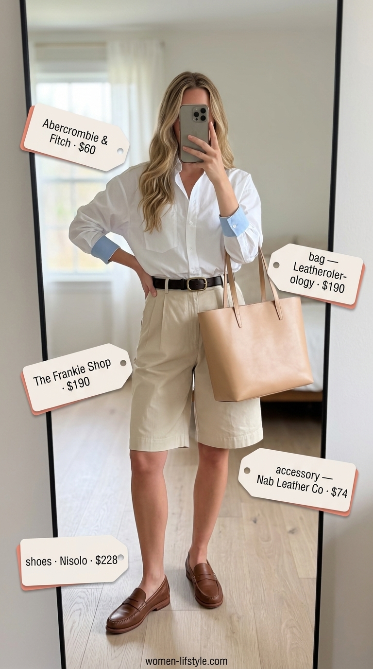 Classy neutral summer outfits for women 2026: Beige Bermuda shorts, white button-down, leather belt, loafers, and tote bag.