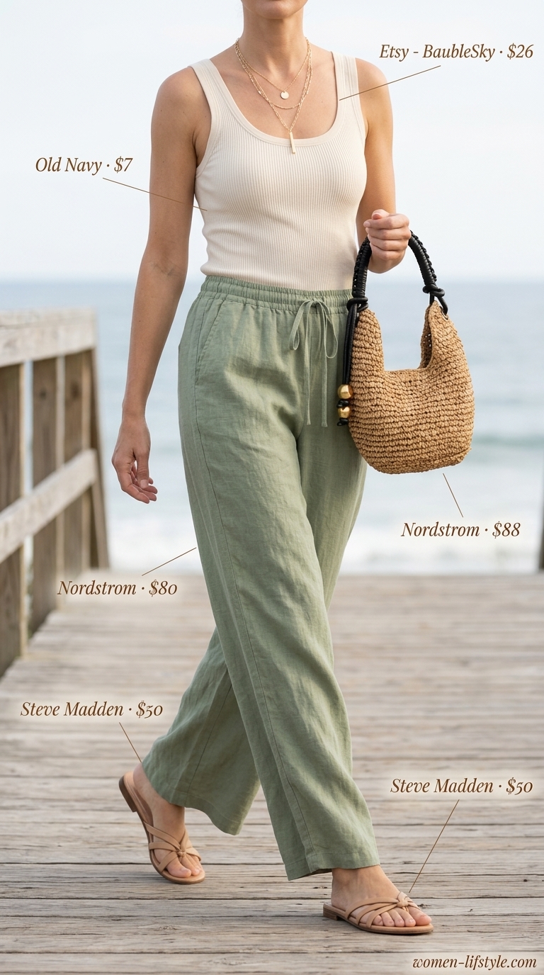 Classy neutral summer outfits for women 2026: Sage green linen pants, cream tank, gold necklaces, crossbody bag, and flat sandals.