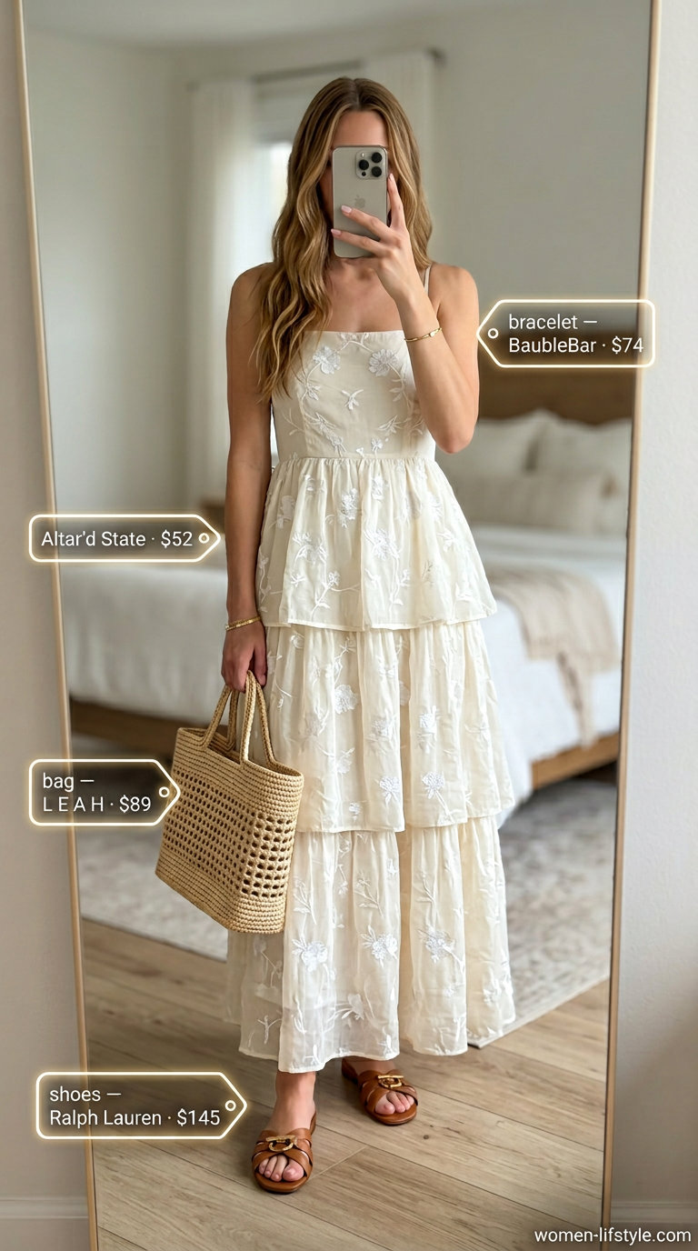 Classy neutral summer outfits for women 2026: Ivory maxi dress, gold bracelet, straw tote, and leather slides for beach vacation.