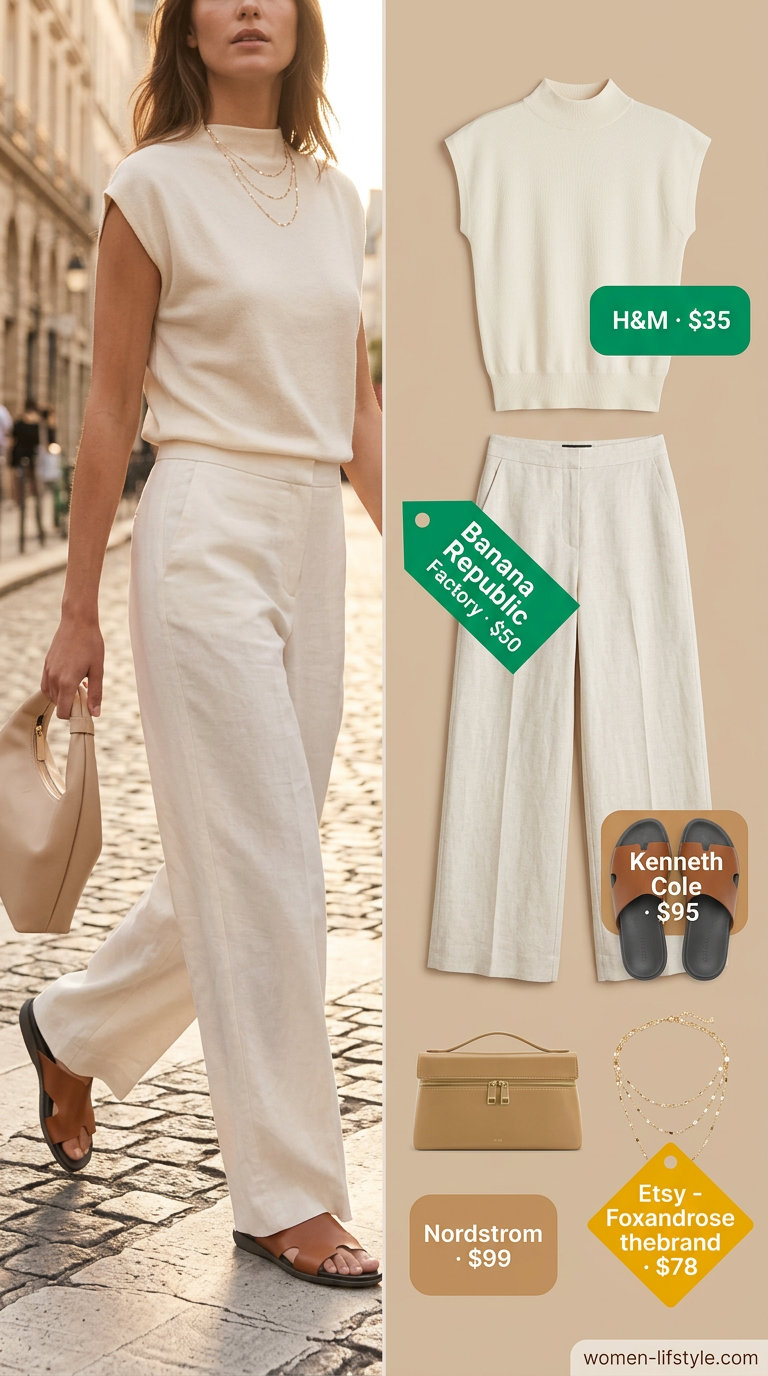 Classy neutral summer outfits for women 2026: Ivory linen pants, beige knit top, gold necklaces, top-handle bag, and leather slides.