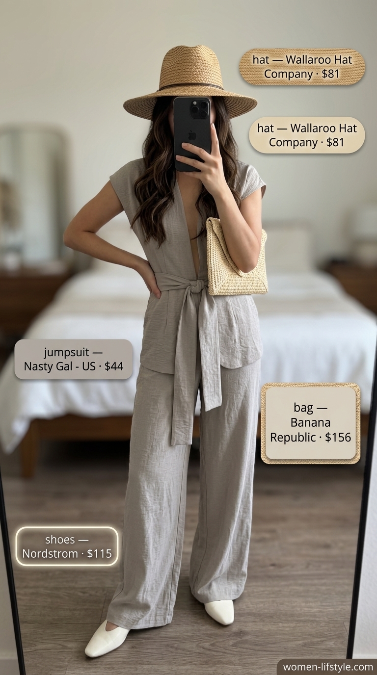 Classy neutral summer outfits for women 2026: Stone grey linen jumpsuit with raffia clutch and straw hat for travel.