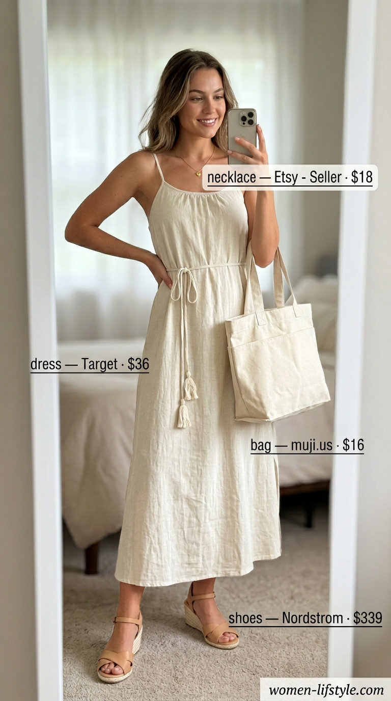 Classy neutral summer outfits for women 2026: Beige linen maxi dress with espadrilles and canvas tote for casual daytime.
