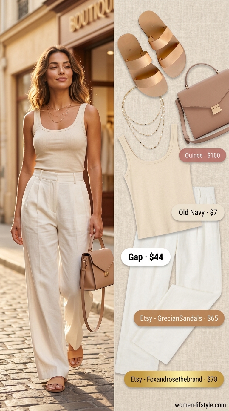 Classy neutral summer outfits for women 2026: Ivory linen pants, cream tank, gold necklaces, crossbody bag, and leather slides.