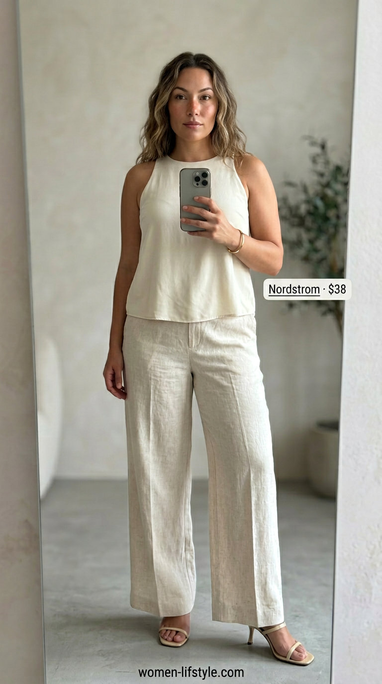 Classy neutral summer outfits for women 2026: Light cream wide-leg set, heeled mules, shoulder bag, and gold bangle.