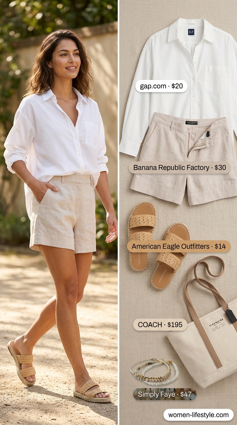 Classy neutral summer outfits for women 2026: Beige linen shorts, white button-down, espadrilles, woven bracelet, and canvas tote.