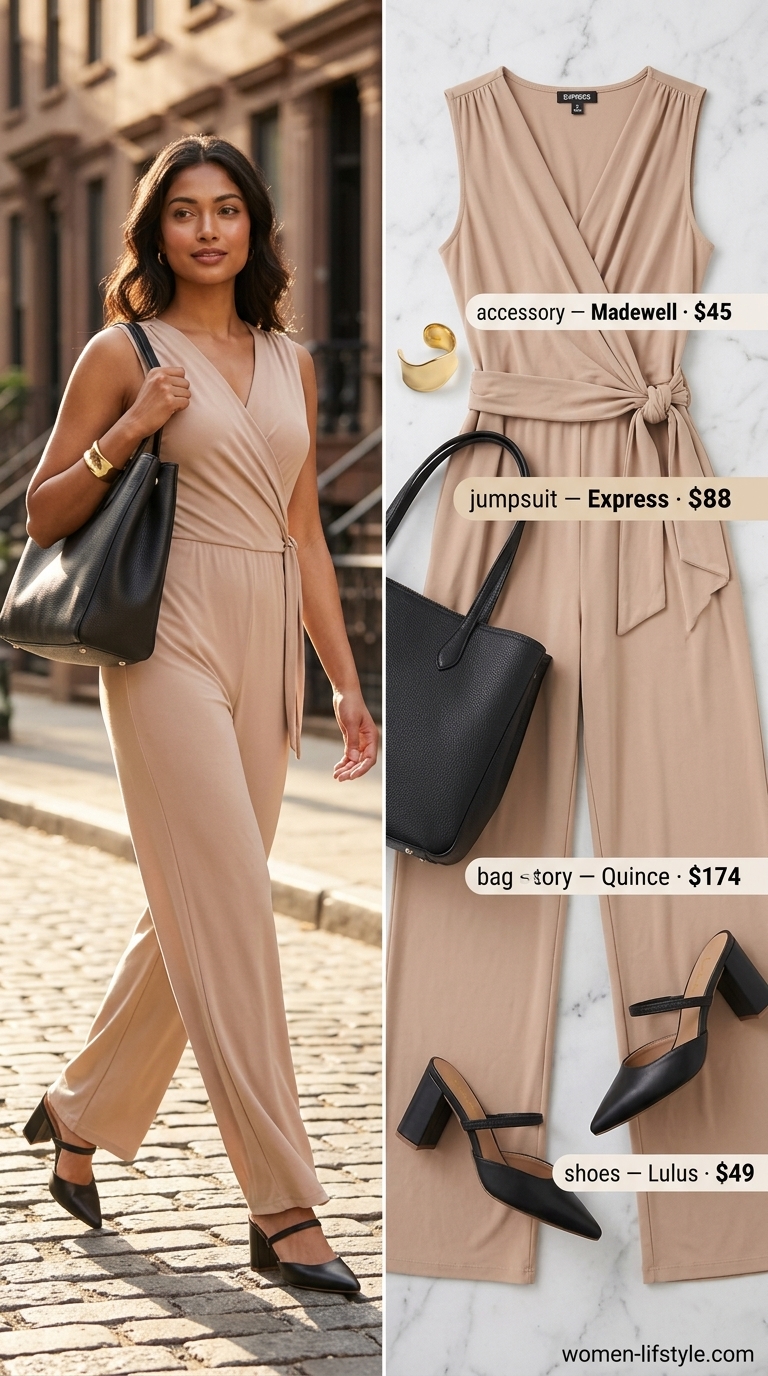 Classy neutral summer outfits for women 2026: Taupe wide-leg jumpsuit with black heels and tote for smart casual events.