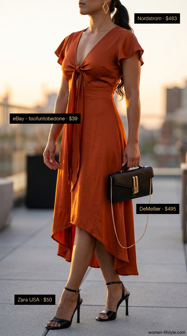 Classy neutral summer outfits for women 2026: Mango orange satin wrap dress with black heels for a rooftop dinner.
