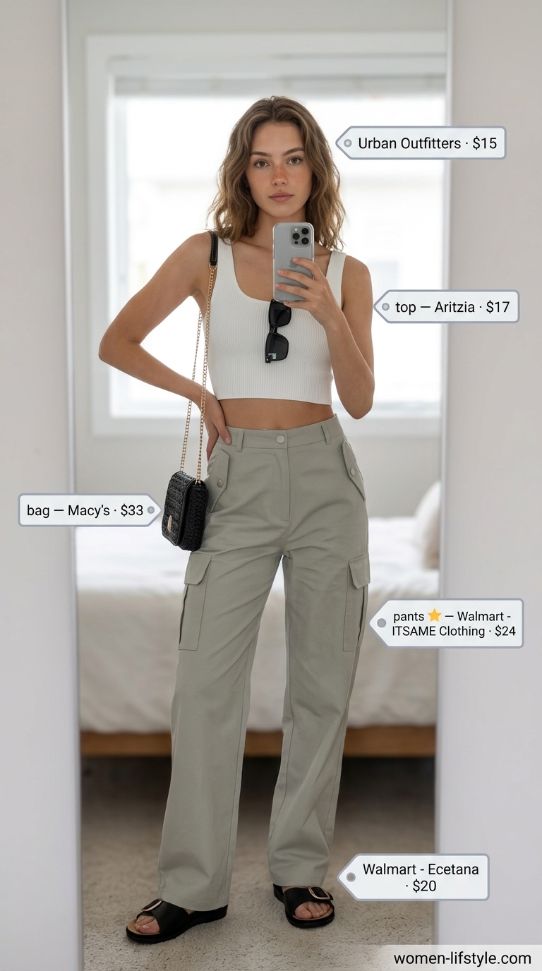 Classy neutral summer outfits for women 2026: Stone grey cargo pants, white crop top, and black sandals.