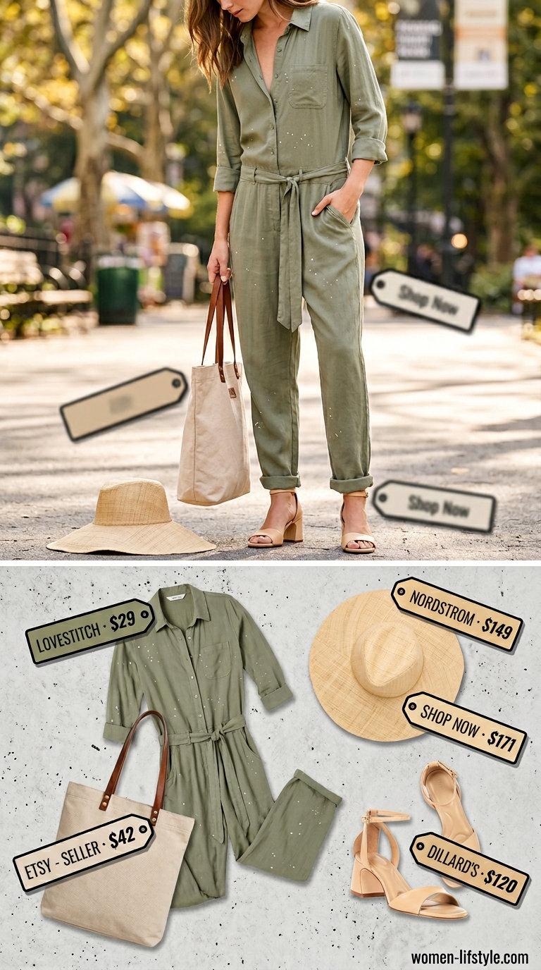 Classy neutral summer outfits for women 2026: Olive green utility jumpsuit, straw hat, and tan sandals for smart casual.