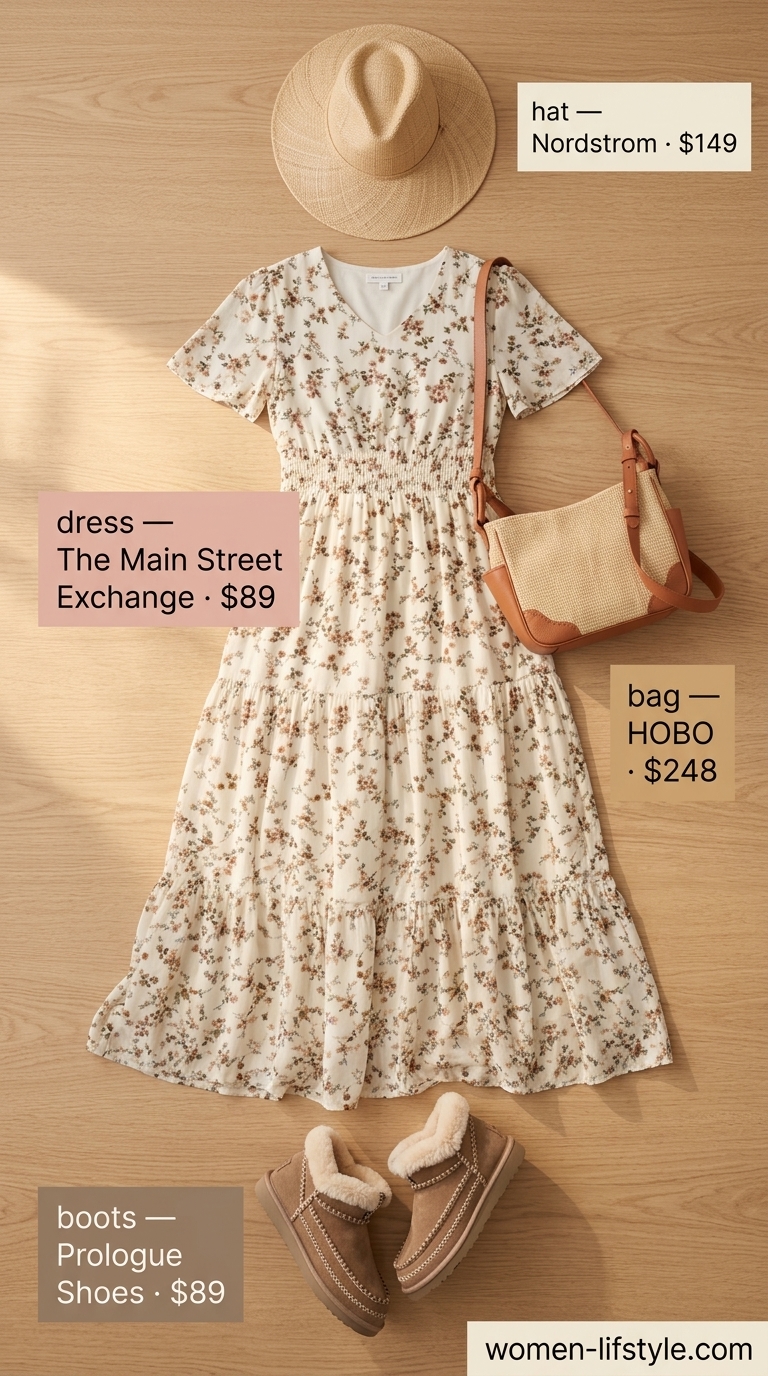 Classy neutral summer outfits for women 2026: Floral maxi dress, straw hat, and crossbody bag for vacation.