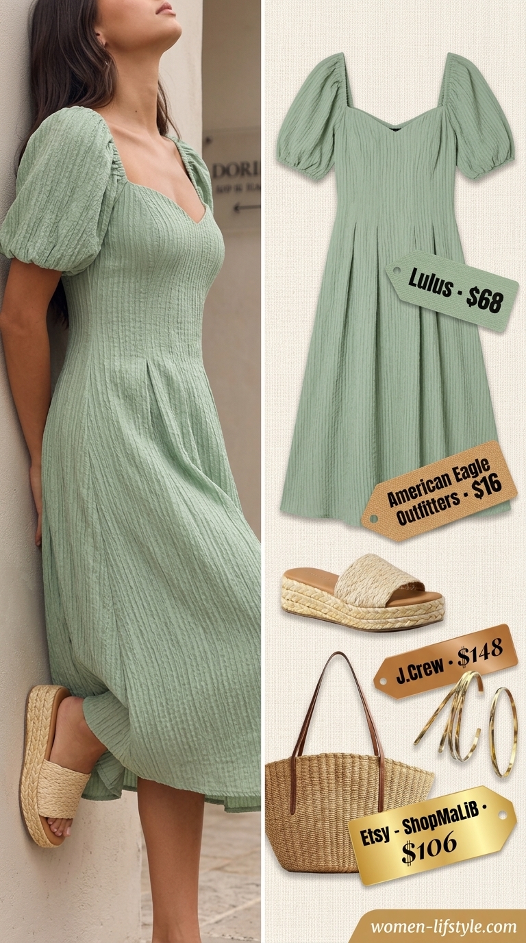 Classy neutral summer outfits for women 2026: Sage green midi dress, raffia slides, and straw tote for daytime.