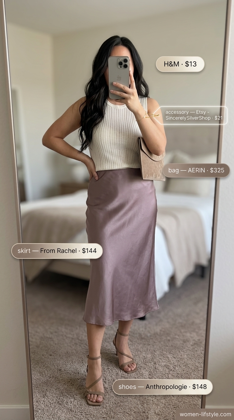 Classy neutral summer outfits for women 2026: Taupe slip skirt, cream knit top, and nude heels for dinner.