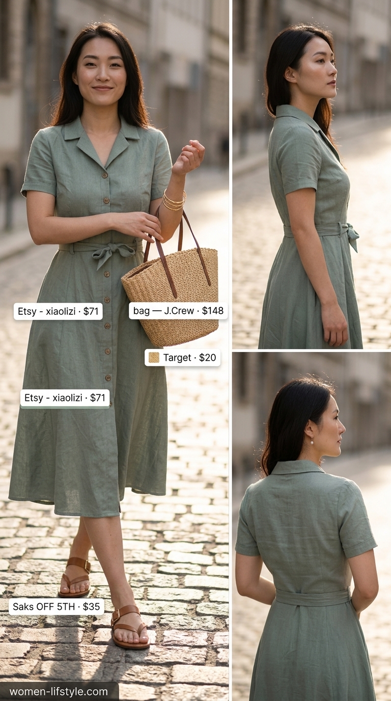 Classy neutral summer outfits for women 2026: Sage green linen shirt dress, straw tote, and tan sandals.