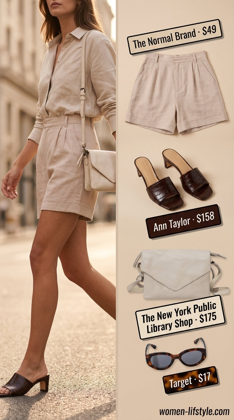 Classy neutral summer outfits for women 2026: Sand linen shorts set, white shirt, and brown mules for casual chic.