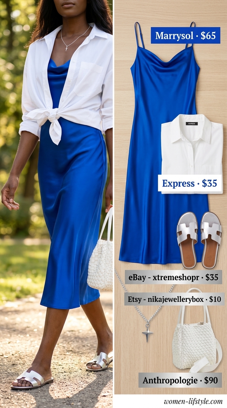 Cobalt blue slip dress with white shirt layered for colorful summer outfits for black woman 2026.