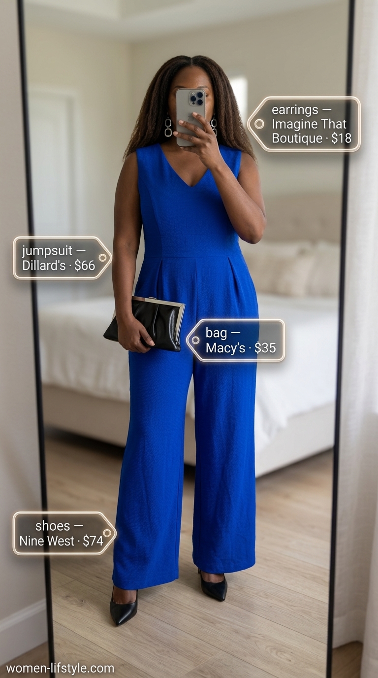 Cobalt blue wide-leg jumpsuit for colorful summer outfits for black woman 2026.